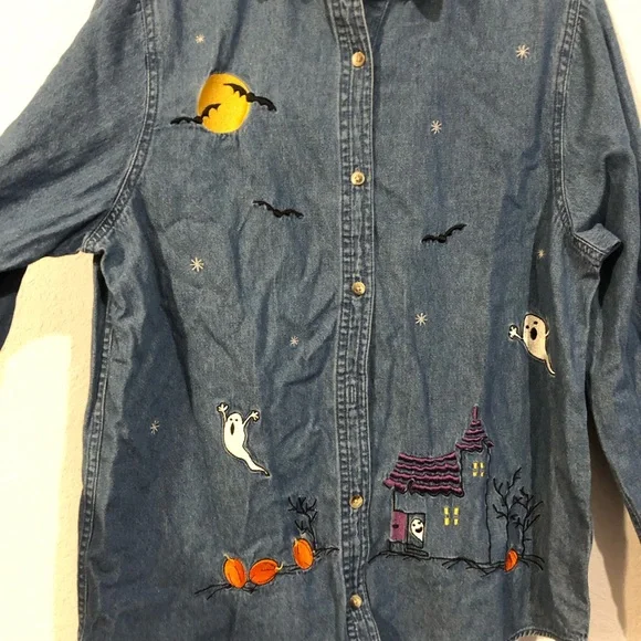 Holiday Editions Halloween Denim Button Down Shirt - Picture 2 of 6